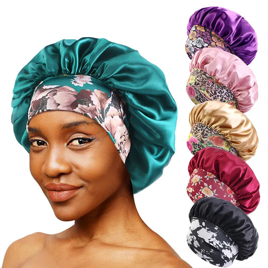 Silk Satin Sleep Bonnet with Wide Elastic Band and Floral Design for Hair Protection