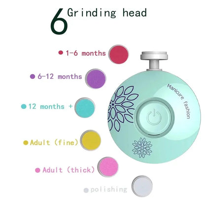 Electric Baby Nail Trimmer with Six Interchangeable Grinding Heads, Gentle and Safe Manicure Tool for Newborns and Toddlers, Ergonomic Design for Easy Handling