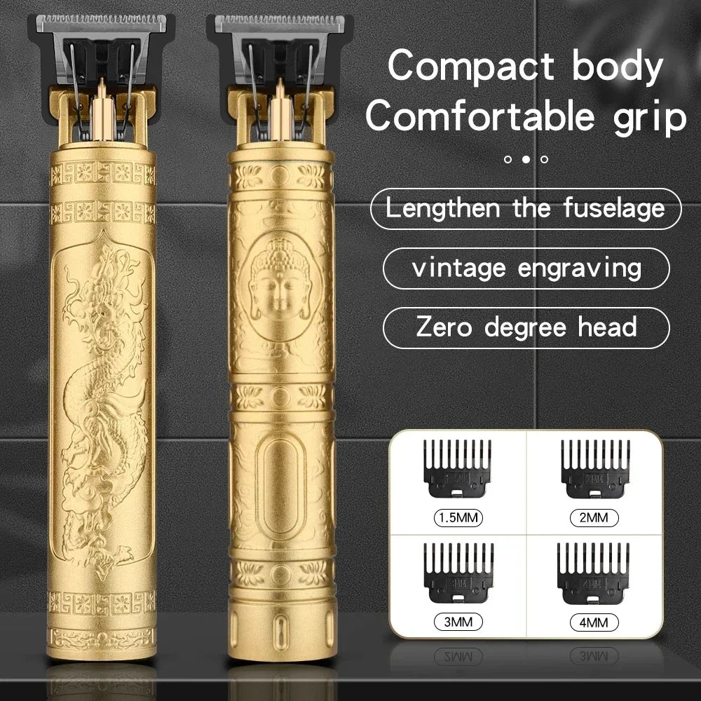 Professional Hair Trimmer Set with Engraved Metal Body, Multiple Guide Combs, USB Charging, and Precision Blades for Stylish Haircuts and Detailed Grooming