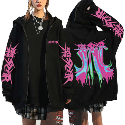 Unisex Streetwear Graphic Hoodie with Bold Arm and Back Designs, Full-Zip Closure, and Oversized Fit for a Trendy Look