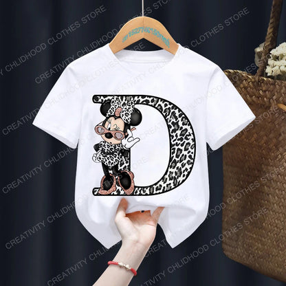 Minnie Mouse Leopard Print Alphabet Graphic T-Shirt for Kids – Trendy and Fun Summer Wear