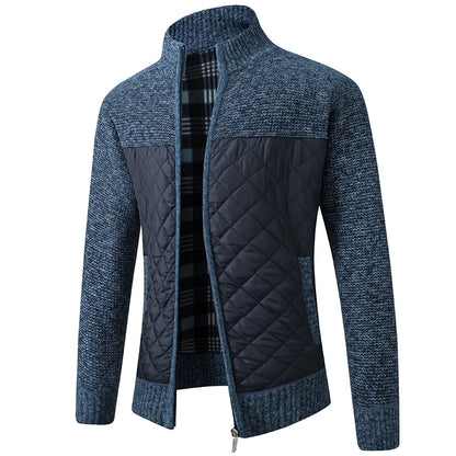 Men's Quilted and Knit Zip-Up Jacket with High Collar and Plaid Lining