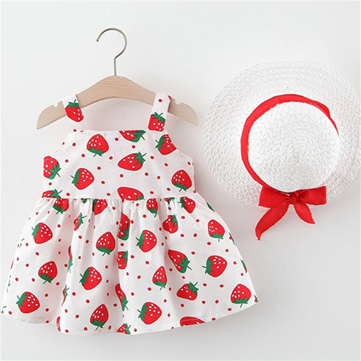 Strawberry Print Sleeveless Dress with Large Bow and Matching Sun Hat for Baby Girls - Perfect Summer Outfit for Little Ones