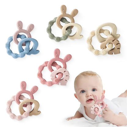 Textured Baby Teething Rings with Animal Shapes, Made from Safe Silicone for Soothing Sore Gums and Encouraging Sensory Development