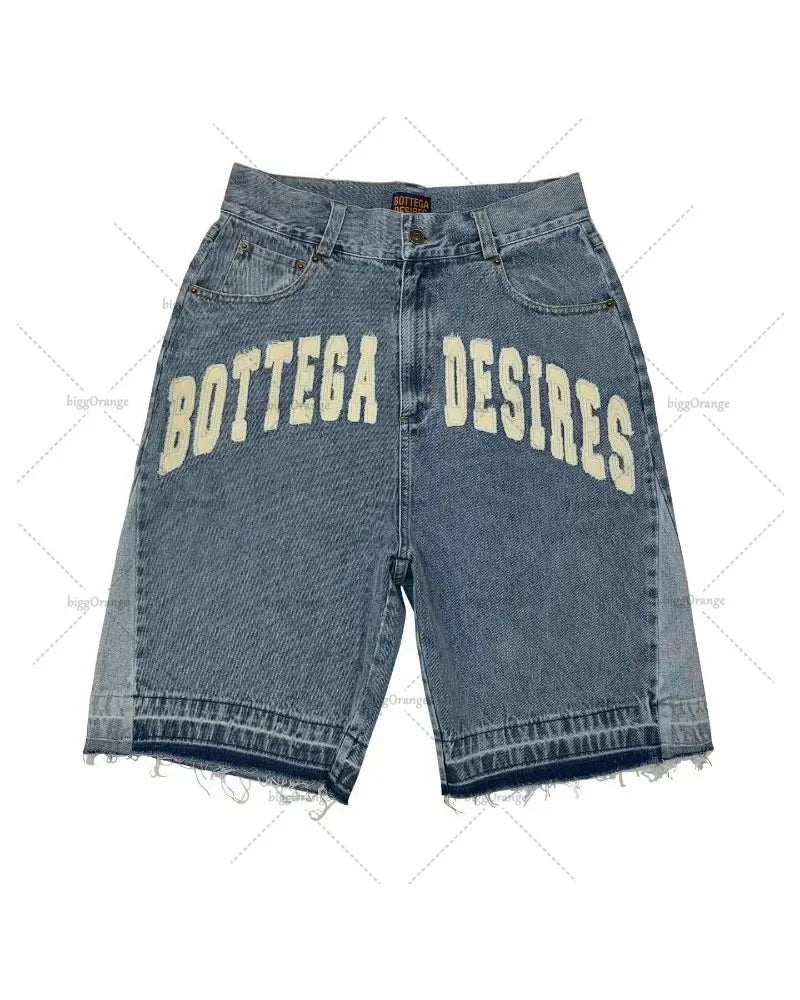 Men's Denim Shorts with Distressed Hem and Bold Embroidered Lettering for Casual Streetwear Style