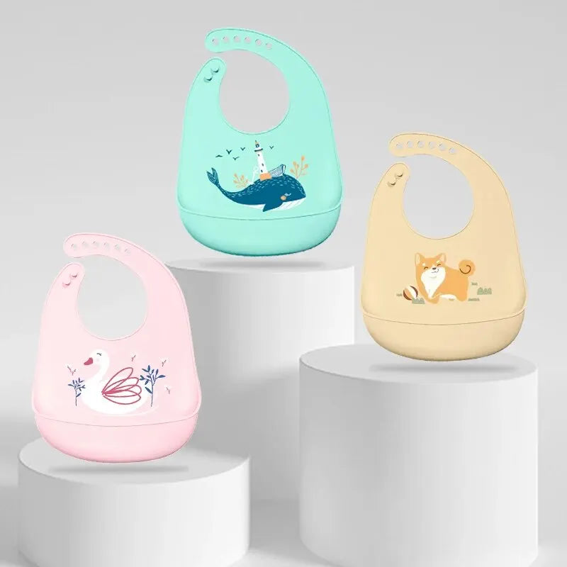 Adjustable Silicone Baby Bibs with Cute Animal Designs and Food Catcher Pocket for Easy Cleanup