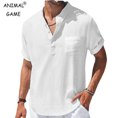 Men's Casual Short Sleeve Linen Blend Henley Shirt with Front Pocket and Button Placket, Ideal for Summer and Beach Wear