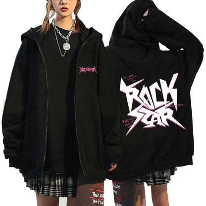 Unisex Streetwear Graphic Hoodie with Bold Arm and Back Designs, Full-Zip Closure, and Oversized Fit for a Trendy Look