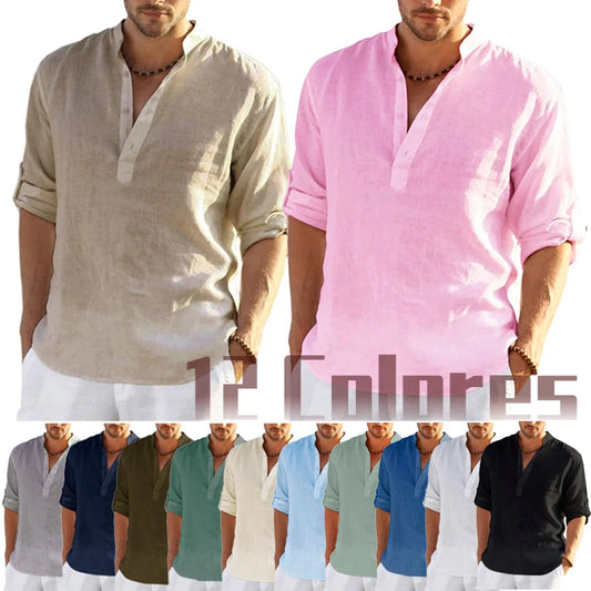 Men's Lightweight Casual Long-Sleeve Henley Shirt with Stand Collar and Comfortable Fit for Spring and Summer Wear