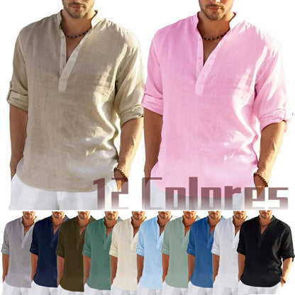 Men's Casual Long Sleeve Linen Blend Henley Shirt with Roll-Up Sleeves and Stand Collar, Available in Multiple Colors