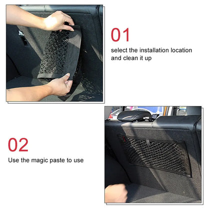 Universal Car Trunk Storage Net with Elastic Mesh and Adhesive Strips for Secure Organization and Easy Access to Essentials