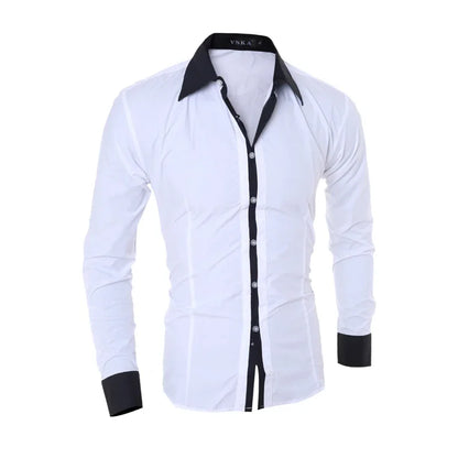 "Men's Slim-Fit Long-Sleeve Dress Shirt with Contrast Collar and Button Placket"