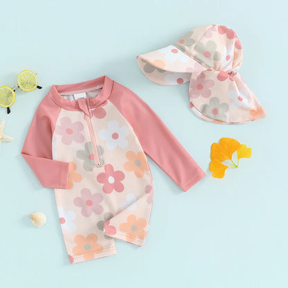 Floral Print Long-Sleeve Swimsuit with Matching Sun Hat for Baby Girls