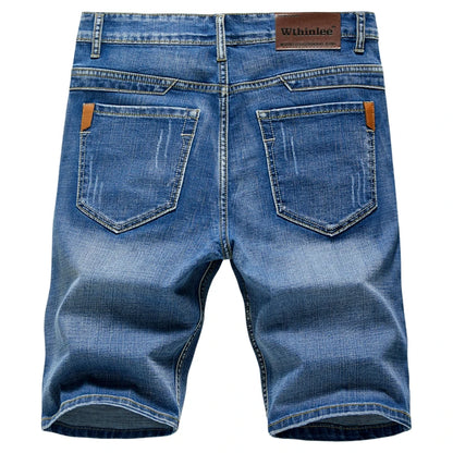 Men's Denim Shorts with Decorative Stitching and Back Pockets, Knee-Length Casual Fit