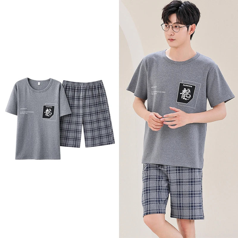 Men's Summer Plaid Pajama Set with Short Sleeve Top and Elastic Waist Shorts Featuring Chest Pocket and Comfortable Fit