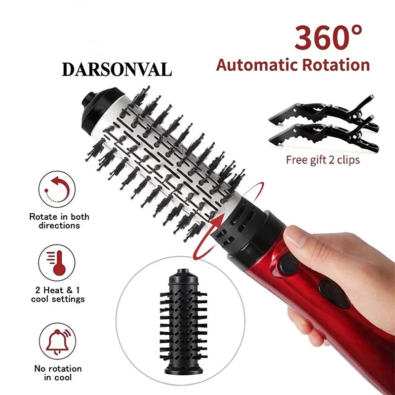 2-in-1 Rotating Hot Air Brush Set with Interchangeable Barrels for Styling, Curling, and Volumizing Hair, Includes Bonus Hair Clips for Easy Sectioning