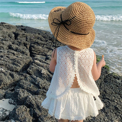 Charming Toddler Beach Outfit Set with Lace Detailing and Wide-Brim Straw Hat for Sun Protection.