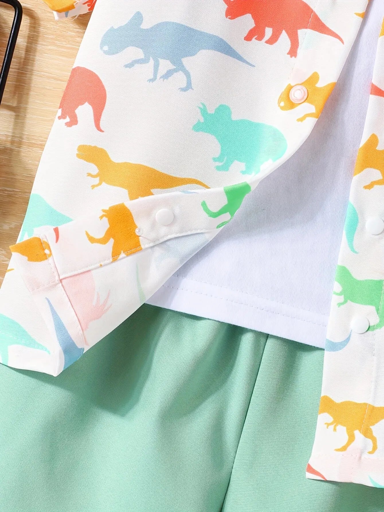 Baby Dinosaur Print Summer Outfit Set with Short-Sleeve Button-Up Shirt and Shorts, Perfect for Playdates and Casual Wear