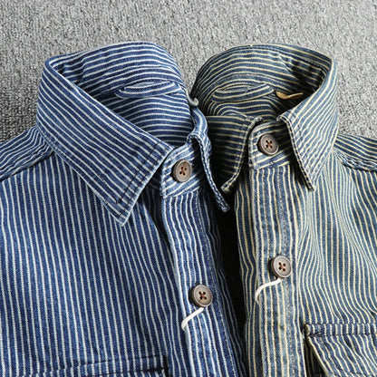 Men's Long-Sleeve Striped Button-Up Shirt with Dual Chest Pockets and Vintage-Inspired Design for Casual and Stylish Wear