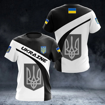 Men's Short Sleeve T-Shirt with Ukrainian Emblem and Flag Design, Featuring Military-Inspired Aesthetics and Patriotic Details