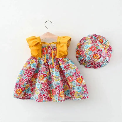 Charming Toddler Girl's Floral Ruffle Dress with Coordinating Hat for Summer Outings