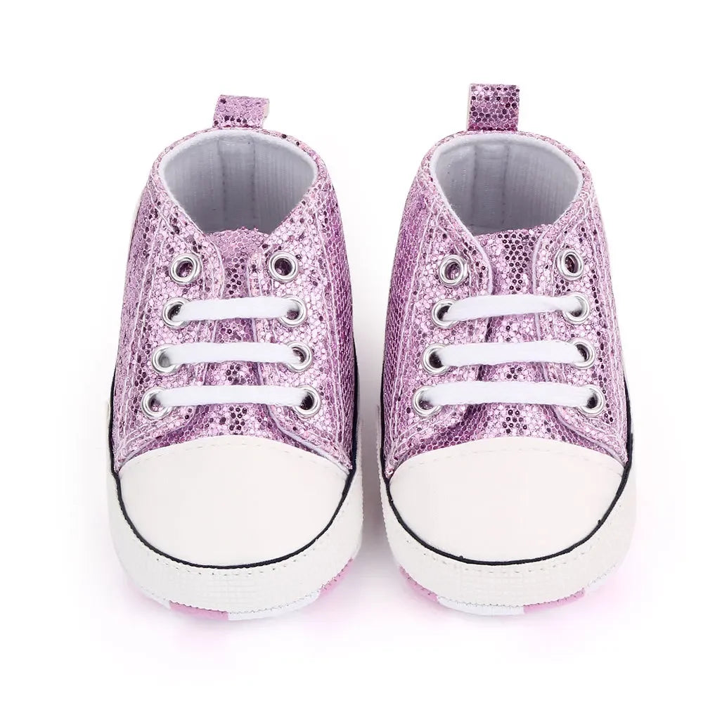 Sparkly Lace-Up Baby Sneakers with Soft Sole and Durable Upper for First Walkers