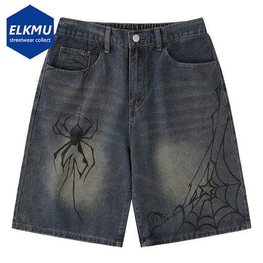 Men's High Street Denim Shorts with Spider and Web Print - Loose Fit, Knee Length, Streetwear Collection