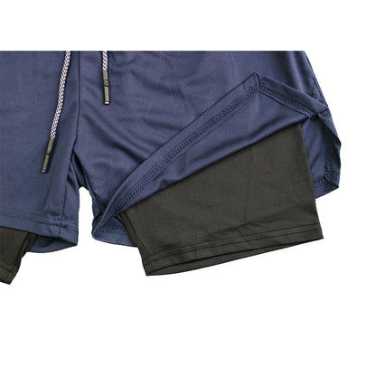 Men's Two-in-One Athletic Shorts with Built-in Compression Liner and Phone Pocket, Featuring Elastic Waistband and Drawstring Closure