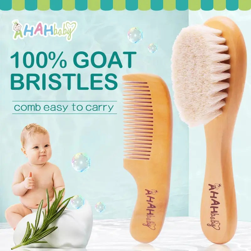 Gentle Baby Hair Brush and Comb Set with Natural Goat Bristles for Soft Scalp Care