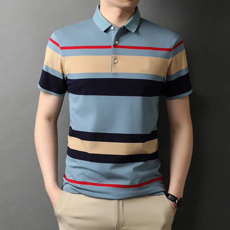 Men's Striped Short Sleeve Polo Shirt with Button Placket and Classic Fit Design