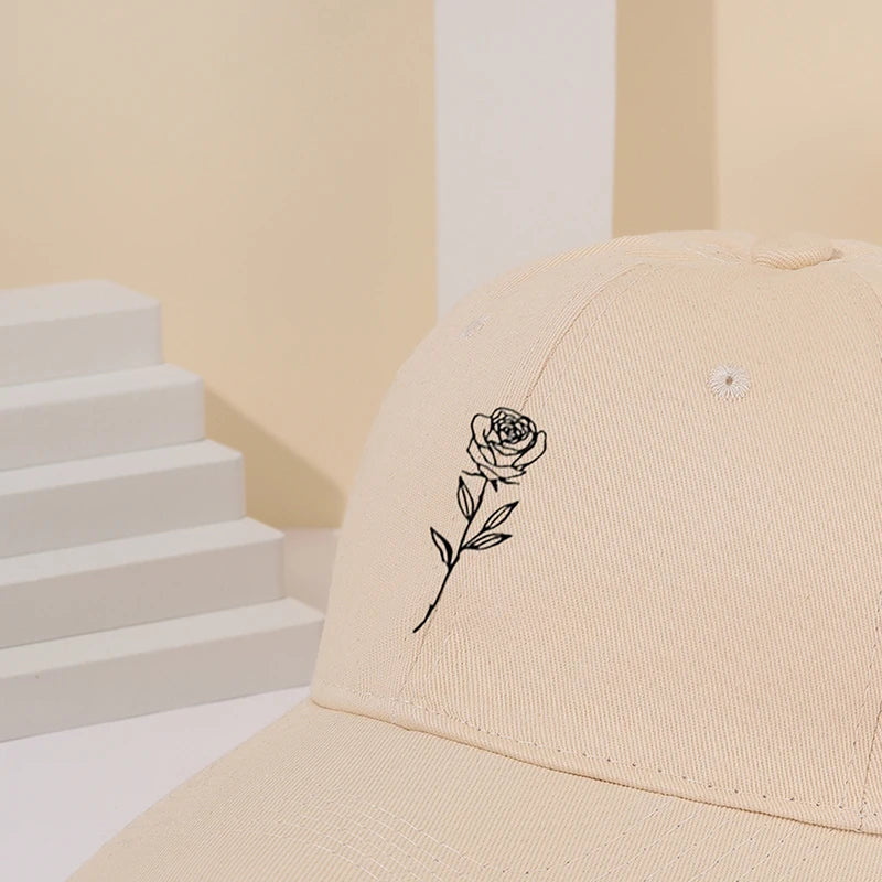 Minimalist Embroidered Rose Baseball Cap with Curved Brim and Adjustable Strap