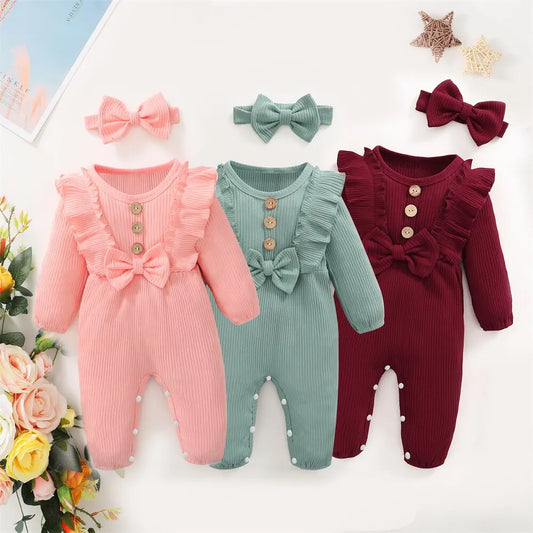 Ruffled Long Sleeve Baby Romper with Bowknot and Wooden Button Accents – Soft Ribbed Fabric and Matching Headband for Adorable Outfit Sets