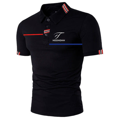 Men's Slim Fit Polo Shirt with Striped Collar and Cuffs, Button Placket, and Embroidered Logo Design