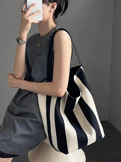 Stylish Striped Canvas Tote Bag for Women with Leather Handles and Spacious Interior