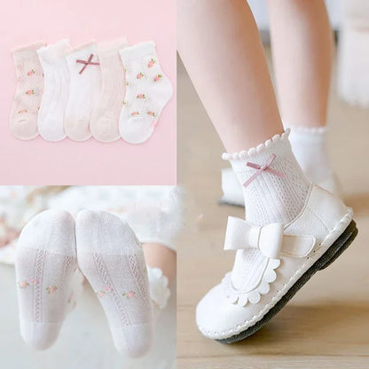 Set of Adorable Girls' Lace Trim Socks with Floral Patterns – Soft and Comfortable for Everyday Wear