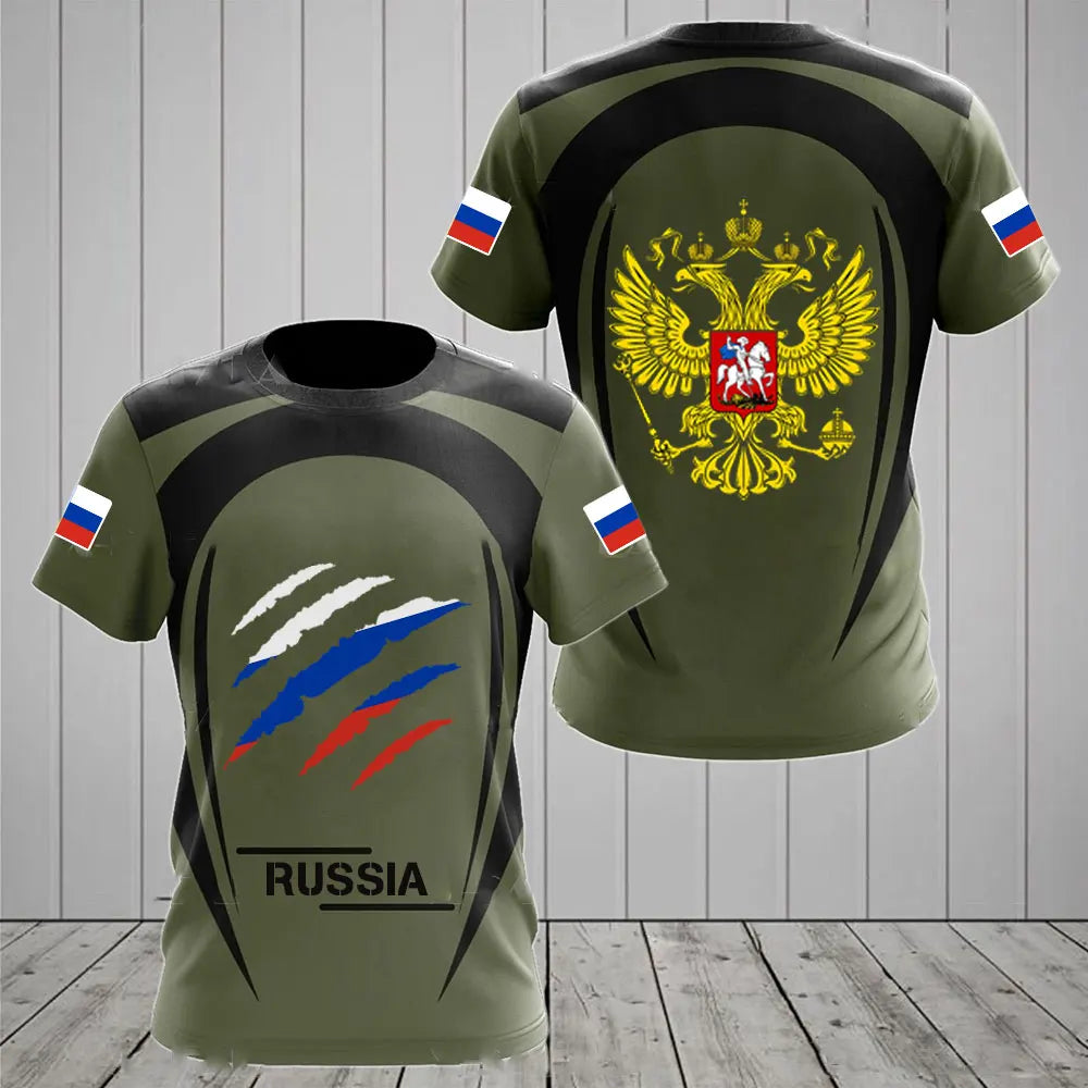 Men's Short Sleeve T-Shirt with Russian Coat of Arms and Flag Design, Customizable Name Option, and Military-Inspired Graphics