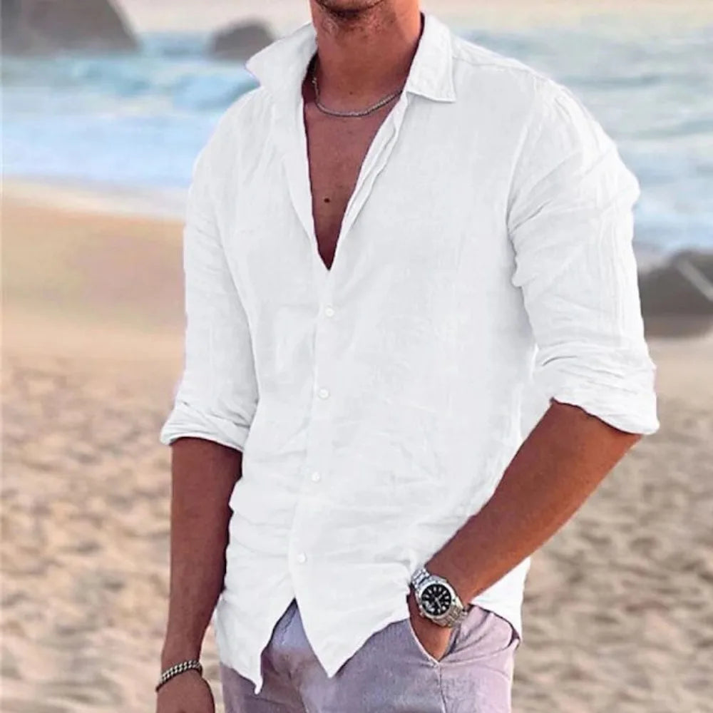 Men's Casual Linen Long Sleeve Button-Up Shirt with Turn-Down Collar and Relaxed Fit