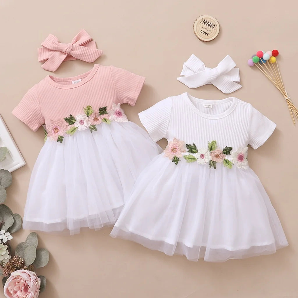 Adorable Baby Girl Tulle Dress with Floral Embroidery and Matching Headband, Perfect for Special Occasions and Photoshoots