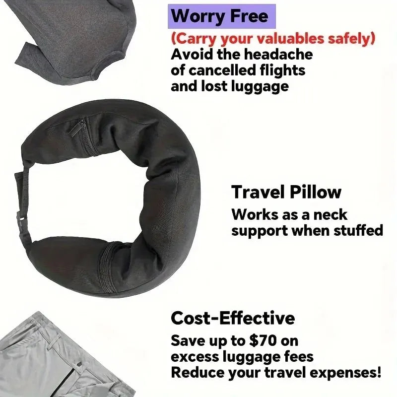 Travel Neck Pillow with Hidden Compartment for Secure Packing, Multipurpose Scarf with Zippered Storage for Essentials