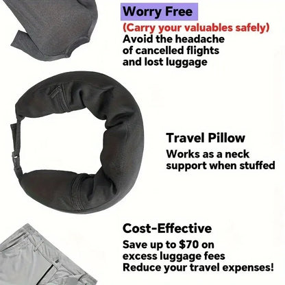 Travel Neck Pillow with Hidden Compartment for Secure Packing, Multipurpose Scarf with Zippered Storage for Essentials