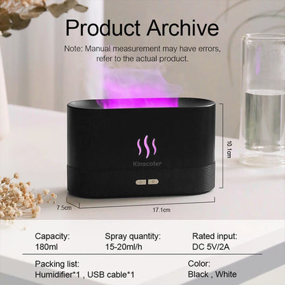 Realistic Flame Aromatherapy Humidifier with Essential Oil Diffuser, Multi-Color LED Lights, Ultrasonic Mist Technology, USB-Powered, 1-Year Warranty, Ideal for Home and Office Relaxation