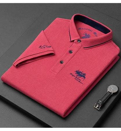 Men's Polo Shirt with Embroidered Equestrian Logo, Contrast Inner Collar, and Button Placket Design