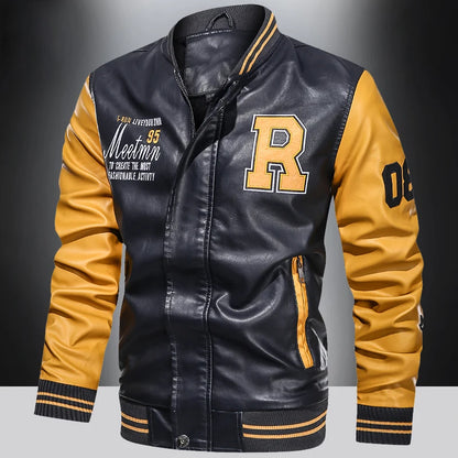 Mens Varsity Letterman Jacket with Embroidered Patches and Contrast Sleeves for Trendy Casual Wear