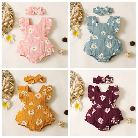 Floral Ruffled Baby Romper with Matching Headband Set