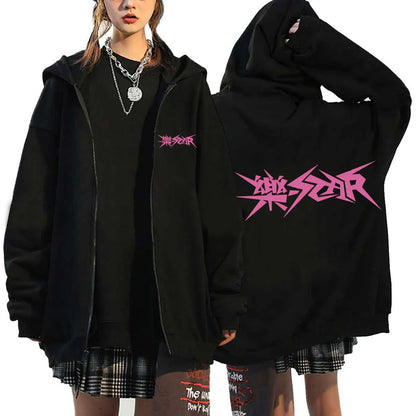 Unisex Streetwear Graphic Hoodie with Bold Arm and Back Designs, Full-Zip Closure, and Oversized Fit for a Trendy Look