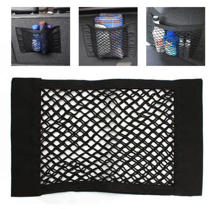 Universal Car Trunk Storage Net with Elastic Mesh and Adhesive Strips for Secure Organization and Easy Access to Essentials