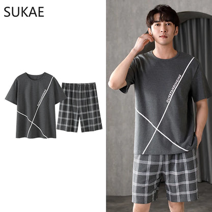 Men's Summer Plaid Pajama Set with Short Sleeve Top and Elastic Waist Shorts Featuring Chest Pocket and Comfortable Fit