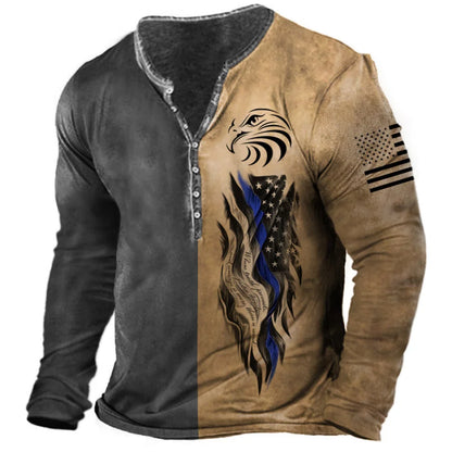 Men's Long Sleeve Button-Up Henley Shirt with Tribal Print and Yellowstone Dutton Ranch Logo