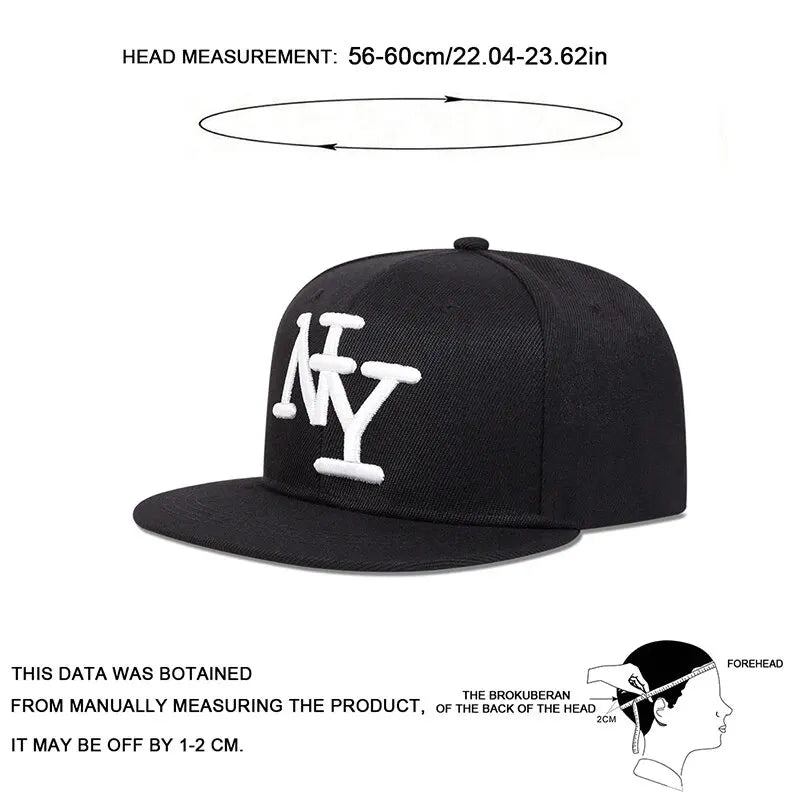 Flat-Brim Snapback Cap with Bold NY Embroidery and Adjustable Strap for Urban Streetwear Style