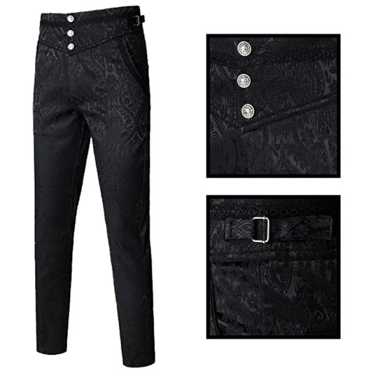 Men's High-Waisted Jacquard Dress Pants with Ornate Button Detailing and Adjustable Buckle Accent for Formal Wear.